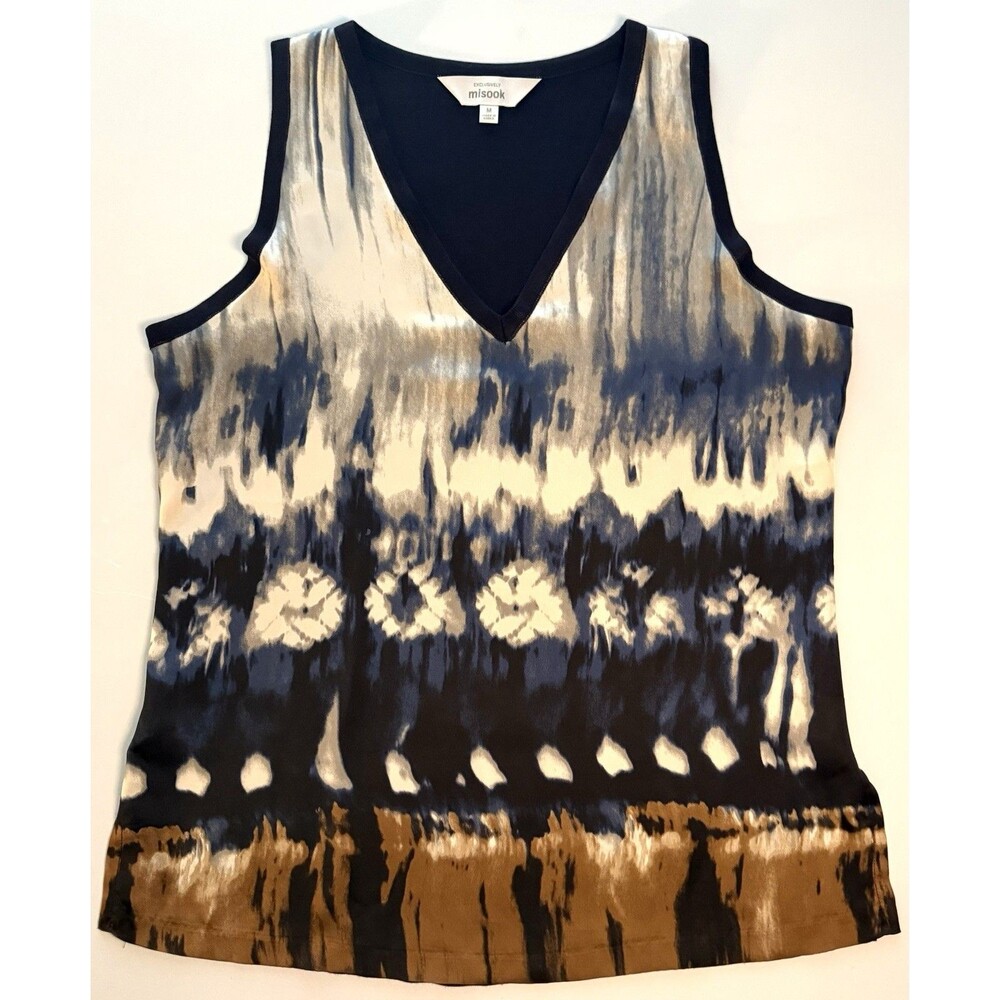 Exclusively Misook Sleeveless Tank Blouse Sz M Navy Black Brown Tie-Dye